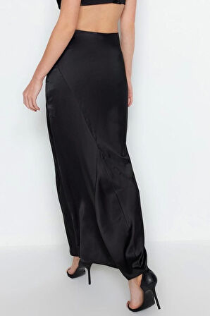 Moda Fitted Düz Desen Şık Gece Maxi Boy Dokuma Saten Uzun Etek