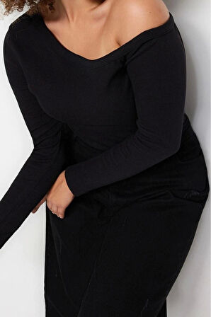 Moda Büyük Beden Devrik Yaka Örme Fit Düz Desen Casual Günlük Regular Uzun Kol Bluz