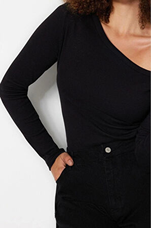 Moda Büyük Beden Devrik Yaka Örme Fit Düz Desen Casual Günlük Regular Uzun Kol Bluz