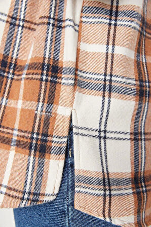 Moda Kadın Büyük Beden Gömlek Yaka Ekose Günlük Ekoseli Oversize Dokuma Gömlek