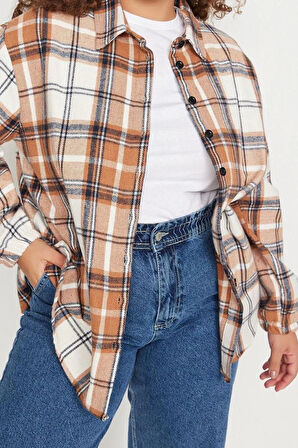 Moda Kadın Büyük Beden Gömlek Yaka Ekose Günlük Ekoseli Oversize Dokuma Gömlek