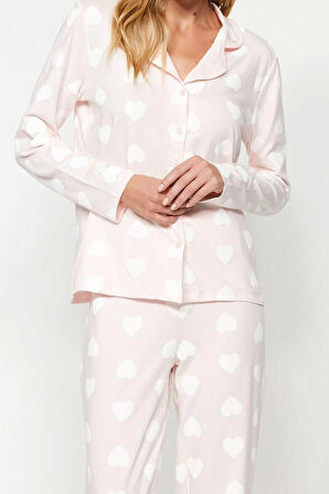 Tarz Rahat Uzun Kollu Boru Paça Premium %100 Pamuk Kalp Puf Desenli Gömlek-Pantolon Pijama Takımı