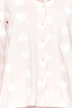 Tarz Rahat Uzun Kollu Boru Paça Premium %100 Pamuk Kalp Puf Desenli Gömlek-Pantolon Pijama Takımı