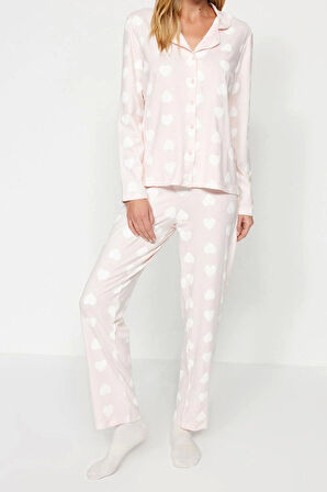 Tarz Rahat Uzun Kollu Boru Paça Premium %100 Pamuk Kalp Puf Desenli Gömlek-Pantolon Pijama Takımı