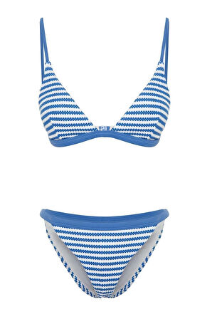 Moda Çizgili Atma Kap Üçgen Normal Bel Brief Siyah-Beyaz Üçgen Dokulu Regular Bikini Takımı
