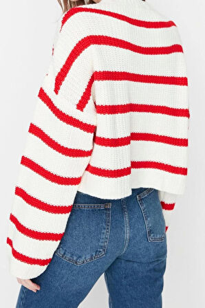 Kadın Modern Tarz Rahat Uzun Bisiklet Yaka Çizgili Kol Crop Triko Kazak