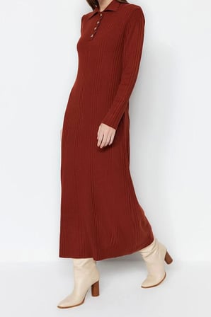 Moda Regular Casual Günlük Ribana Kaşkorse Dokuma V Yaka Uzun Kol A-Line Midi Boy Tesettür Elbise
