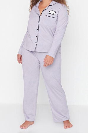 Tarz Rahat Büyük Beden Uzun Kollu Geniş Paça Panda Baskılı Örme Pijama Takımı