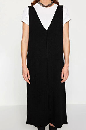 Moda Stil Regular V Yaka Maxi Boy Triko Jile Elbise