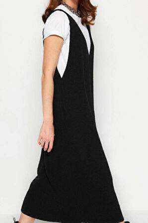 Moda Stil Regular V Yaka Maxi Boy Triko Jile Elbise