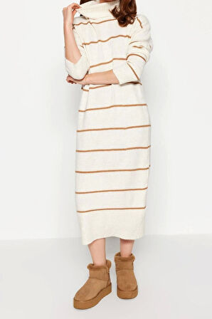 Moda Oversize Casual Günlük Çift Plaka Triko Balıkçı Yaka Uzun Kol Shift Maxi Boy Elbise