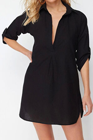 Moda Uzun Kollu V Yaka Mini Elbise Mavi Mini Dokuma %100 Pamuklu Plaj Elbisesi