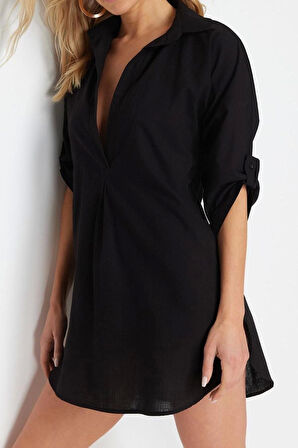 Moda Uzun Kollu V Yaka Mini Elbise Mavi Mini Dokuma %100 Pamuklu Plaj Elbisesi