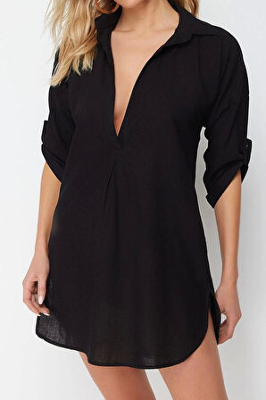 Moda Uzun Kollu V Yaka Mini Elbise Mavi Mini Dokuma %100 Pamuklu Plaj Elbisesi