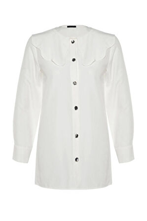 Moda Kadın Tesettür Bebe Yaka Düz Desen Günlük Gümüş Düğme Detaylı Bebe Yaka Pamuklu Gömlek