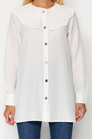 Moda Kadın Tesettür Bebe Yaka Düz Desen Günlük Gümüş Düğme Detaylı Bebe Yaka Pamuklu Gömlek