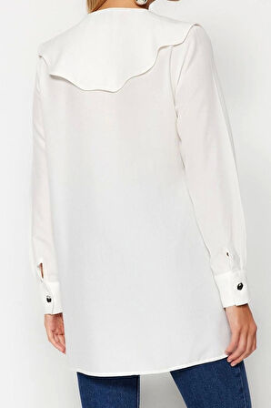 Moda Kadın Tesettür Bebe Yaka Düz Desen Günlük Gümüş Düğme Detaylı Bebe Yaka Pamuklu Gömlek