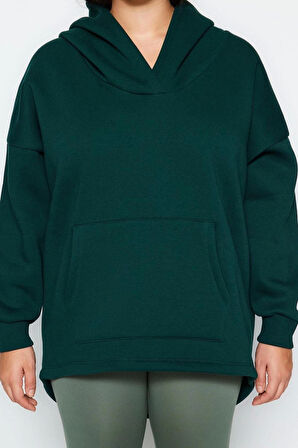 Büyük Beden Tarz Oversize Kapüşonlu Düşük Kol Regular Kalın İçi Polarlı Örme Sweatshirt