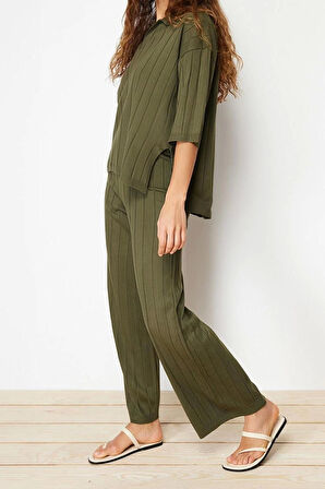 Moda Triko Düz Polo Yaka Casual Günlük Yeşil Basic Fitilli Triko Alt-Üst Takım
