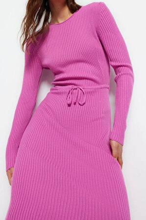 Moda Slim Casual Günlük Tek Plaka Triko Bisiklet Yaka Uzun Kol Bodycone Midi Boy Elbise