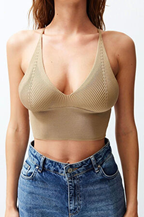 Moda V Yaka Triko Slim Düz Desen Casual Günlük Super Crop Askılı Kol Bluz