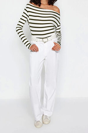 Moda Kayık Yaka Örme Slim Çizgili Desen Casual Günlük Regular Uzun Kol Bluz