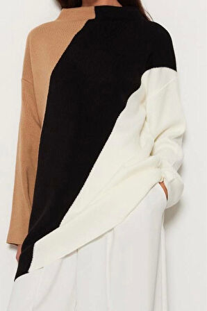 Kadın Modern Tarz Rahat Uzun Dik Yaka Renk Bloklu Kol Regular Triko Kazak