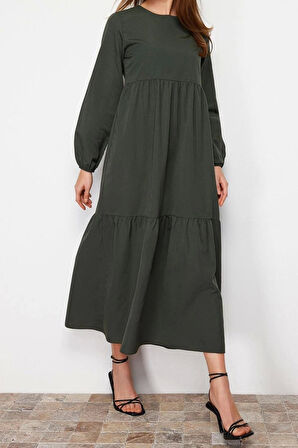 Moda Oversize Günlük Terrycotton Dokuma Bisiklet Yaka Uzun Kol Skater Uzun Boy Tesettür Elbise