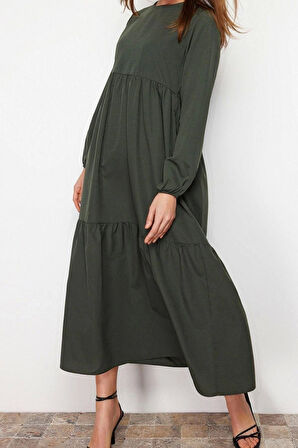 Moda Oversize Günlük Terrycotton Dokuma Bisiklet Yaka Uzun Kol Skater Uzun Boy Tesettür Elbise