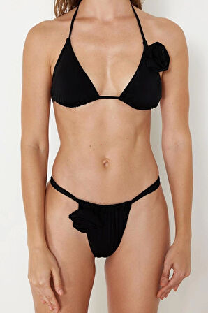 Moda Düz Atma Kap Üçgen Normal Bel Brief Siyah Üçgen Çiçek Aplikeli Regular Bikini Takımı