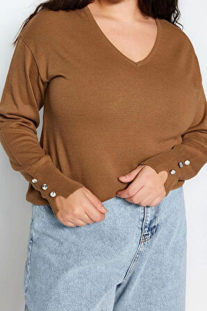 Büyük Beden Kadın Modern Tarz Rahat Uzun V Yaka Düz Kol Regular Triko Kazak