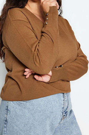 Büyük Beden Kadın Modern Tarz Rahat Uzun V Yaka Düz Kol Regular Triko Kazak