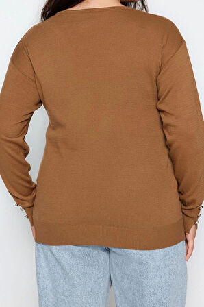 Büyük Beden Kadın Modern Tarz Rahat Uzun V Yaka Düz Kol Regular Triko Kazak