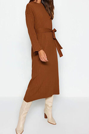 Moda Rahat Günlük Ribana Kaşkorse Triko Bisiklet Yaka Uzun Kol A-Line Maxi Boy Tesettür Elbise