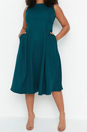 Moda Rahat Gündüz Gece Krep Dokuma Bisiklet Yaka Askılı Kol A-Line Midi Boy Büyük Beden Elbise