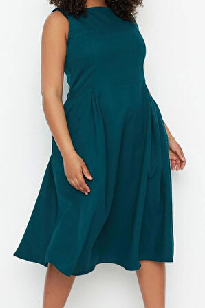 Moda Rahat Gündüz Gece Krep Dokuma Bisiklet Yaka Askılı Kol A-Line Midi Boy Büyük Beden Elbise