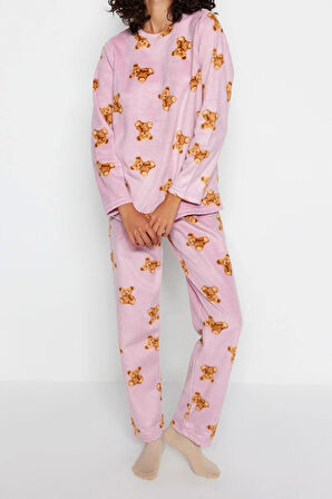 Tarz Rahat Uzun Kollu Boru Paça Polar Ayıcık Desenli Kışlık Örme Pijama Takımı