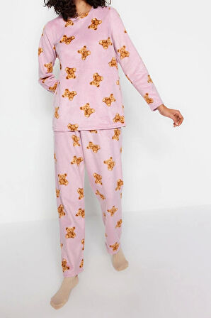 Tarz Rahat Uzun Kollu Boru Paça Polar Ayıcık Desenli Kışlık Örme Pijama Takımı