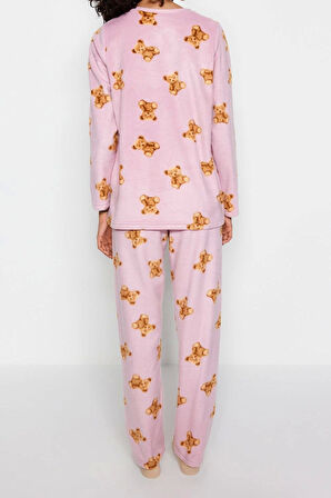 Tarz Rahat Uzun Kollu Boru Paça Polar Ayıcık Desenli Kışlık Örme Pijama Takımı