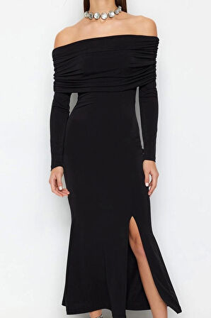 Moda Stil Fitted Carmen Yaka Midi Boy Şık Abiye Elbise