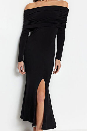 Moda Stil Fitted Carmen Yaka Midi Boy Şık Abiye Elbise