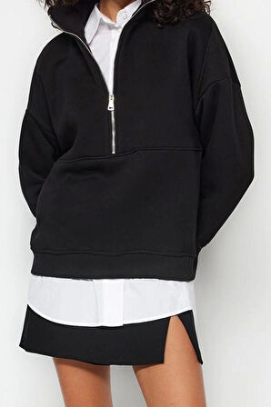 Oversize Dik Yaka Standart Geniş Kalıp Yarım Fermuarlı Kalın Polarlı Örme Sweatshirt