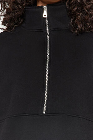 Oversize Dik Yaka Standart Geniş Kalıp Yarım Fermuarlı Kalın Polarlı Örme Sweatshirt