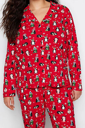 Tarz Rahat Büyük Beden Uzun Kollu Boru Paça Yılbaşı Temalı Örme Pijama Takımı