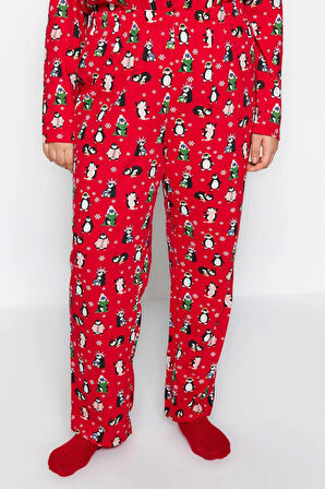 Tarz Rahat Büyük Beden Uzun Kollu Boru Paça Yılbaşı Temalı Örme Pijama Takımı