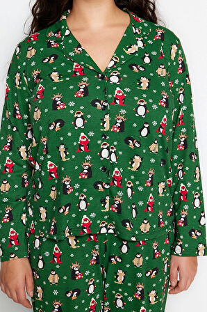 Tarz Rahat Büyük Beden Uzun Kollu Boru Paça Yılbaşı Temalı Örme Pijama Takımı
