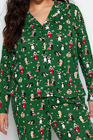 Tarz Rahat Büyük Beden Uzun Kollu Boru Paça Yılbaşı Temalı Örme Pijama Takımı
