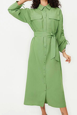 Moda Oversize Maxi Tesettür Kuşaklı Kolları Ayarlanabilir Detaylı Pamuklu Dokuma Gömlek Elbise