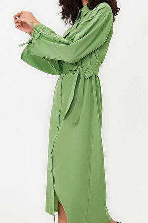 Moda Oversize Maxi Tesettür Kuşaklı Kolları Ayarlanabilir Detaylı Pamuklu Dokuma Gömlek Elbise