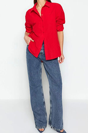 Moda Kadın Gömlek Yaka Düz Desen Günlük Loose Fit Dokuma Gömlek